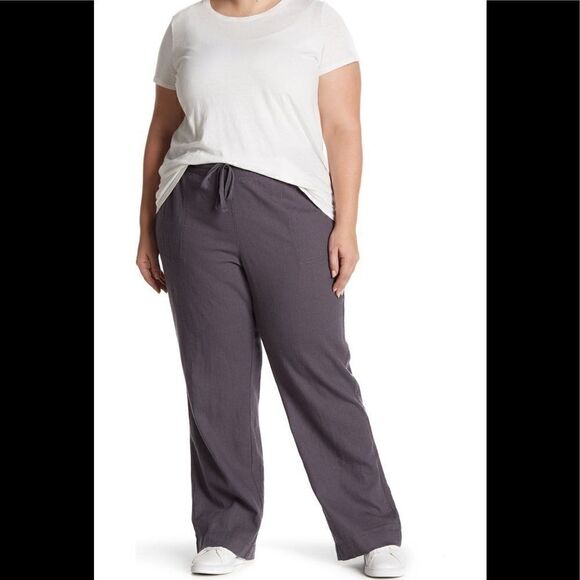 Caslon Solid Linen Blend Pants,  Lightweight Adjustable Waist, COMFY, 1X, Gray, - Picture 2 of 8